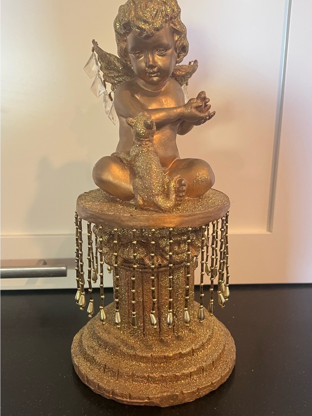Gold Cherub Figurine on Decorative Beaded Pedestal - Home Art